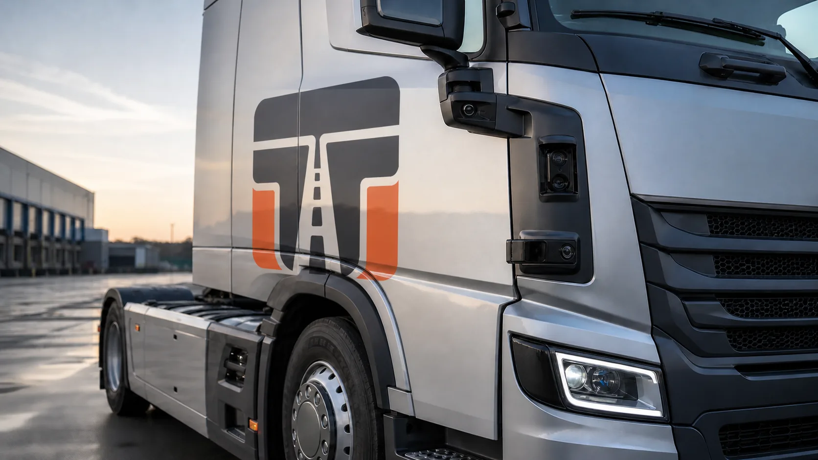 Nahaufnahme eines modernen silbernen Lkw mit mehreren realistisch montierten Kamera- und Radarsensoren an der Beifahrerseite. Auf der Kabinenflanke ist einmal groß das Trucker-Treffpunkt-Signet als reale Fahrzeugbeschriftung integriert.