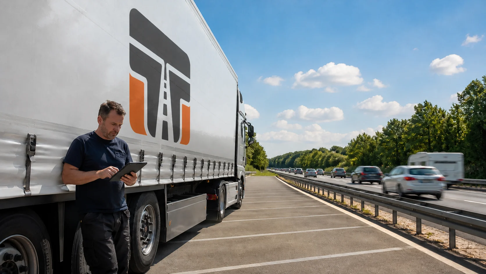 Lkw-Fahrer prüft im Cockpit eine gedruckte Route, im Hintergrund stehen weitere Lkw