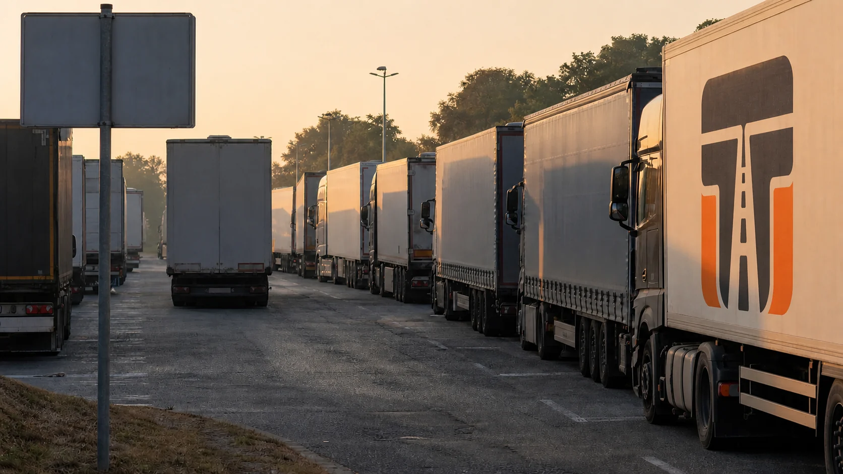 LKW-Stellplätze auf einer Rastanlage bei Nacht