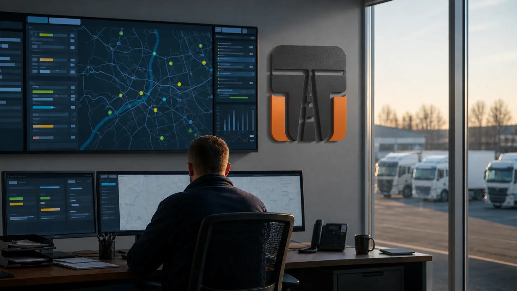 Disponent arbeitet an einem Flotten-Dashboard. An der Wand ist einmal das Trucker-Treffpunkt-Signet als reales Wandschild integriert.
